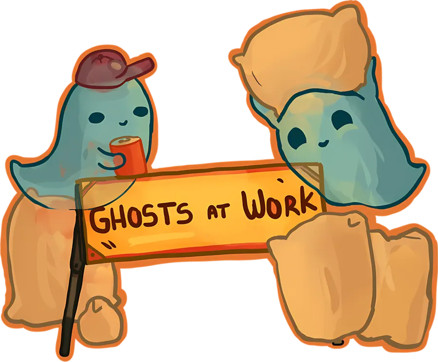 Two friendly ghosts packing orders at the Catsinook workshop