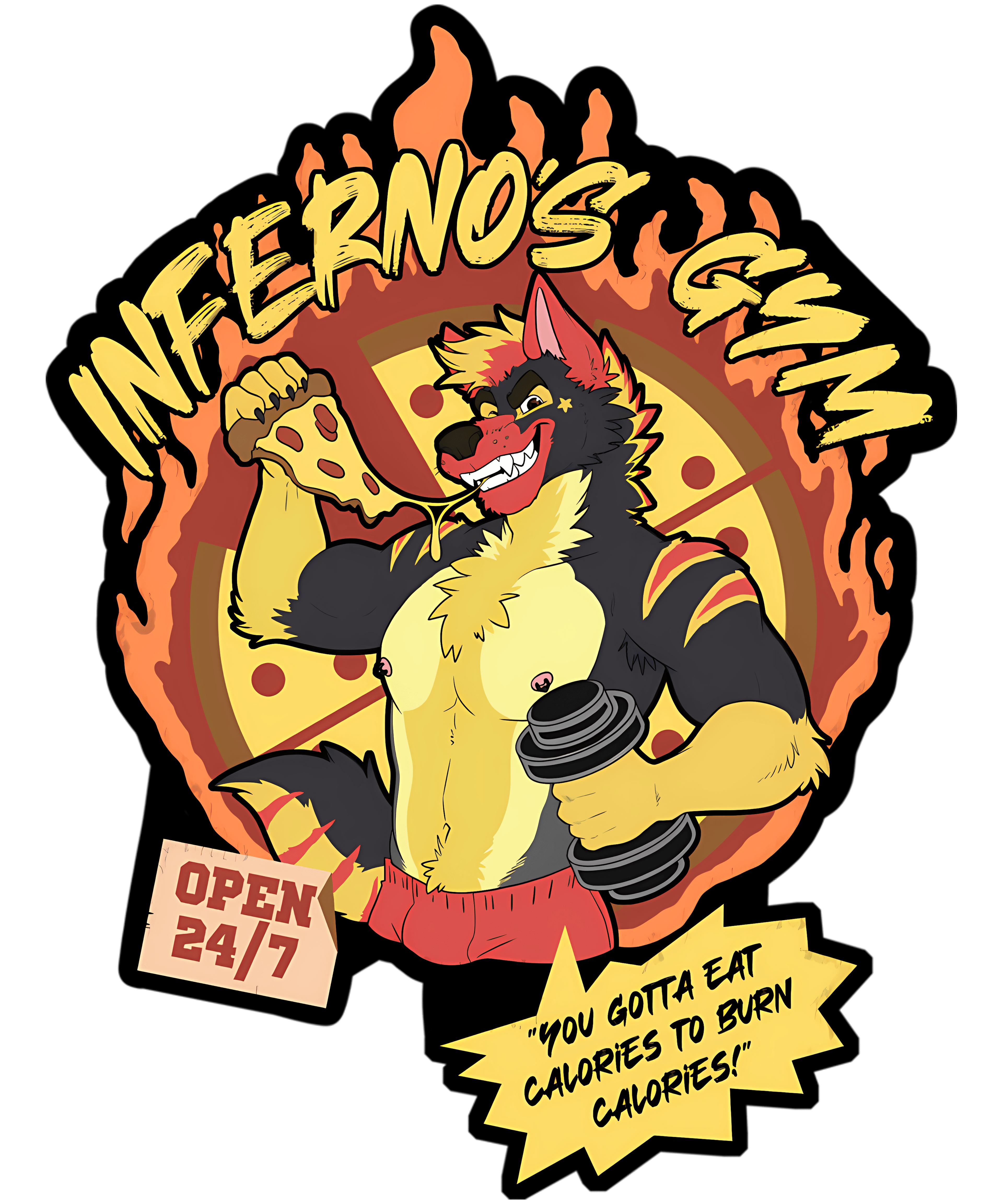Inferno's Gym Furry Wolf Pizza Workout PNG Digital Download